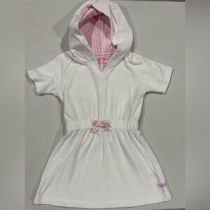 Ruffle Butts White and Pink Striped Hooded Dress